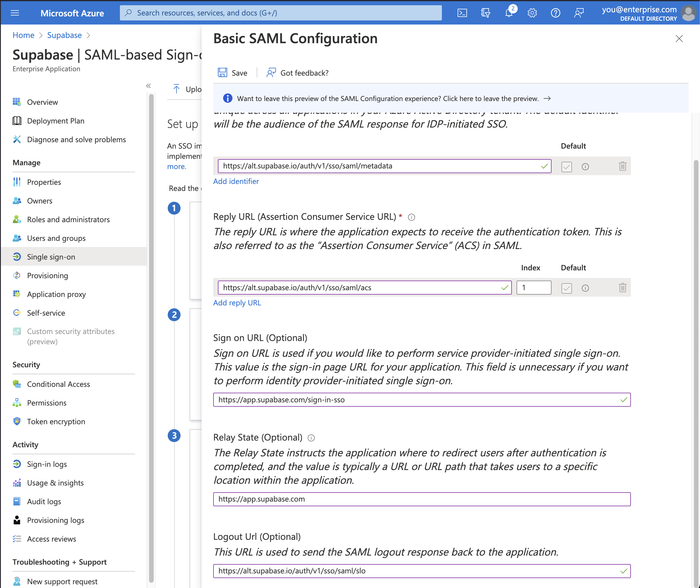 Azure AD console: Supabase application, SAML-based Sign-on screen, Basic SAML Configuration shown